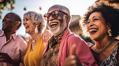 Buy stock photo Senior friends on active holiday. Travel fun, bonding and retirement