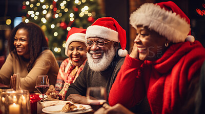 Buy stock photo Senior friends and family at Christmas party. Active holiday fun, bonding and retirement