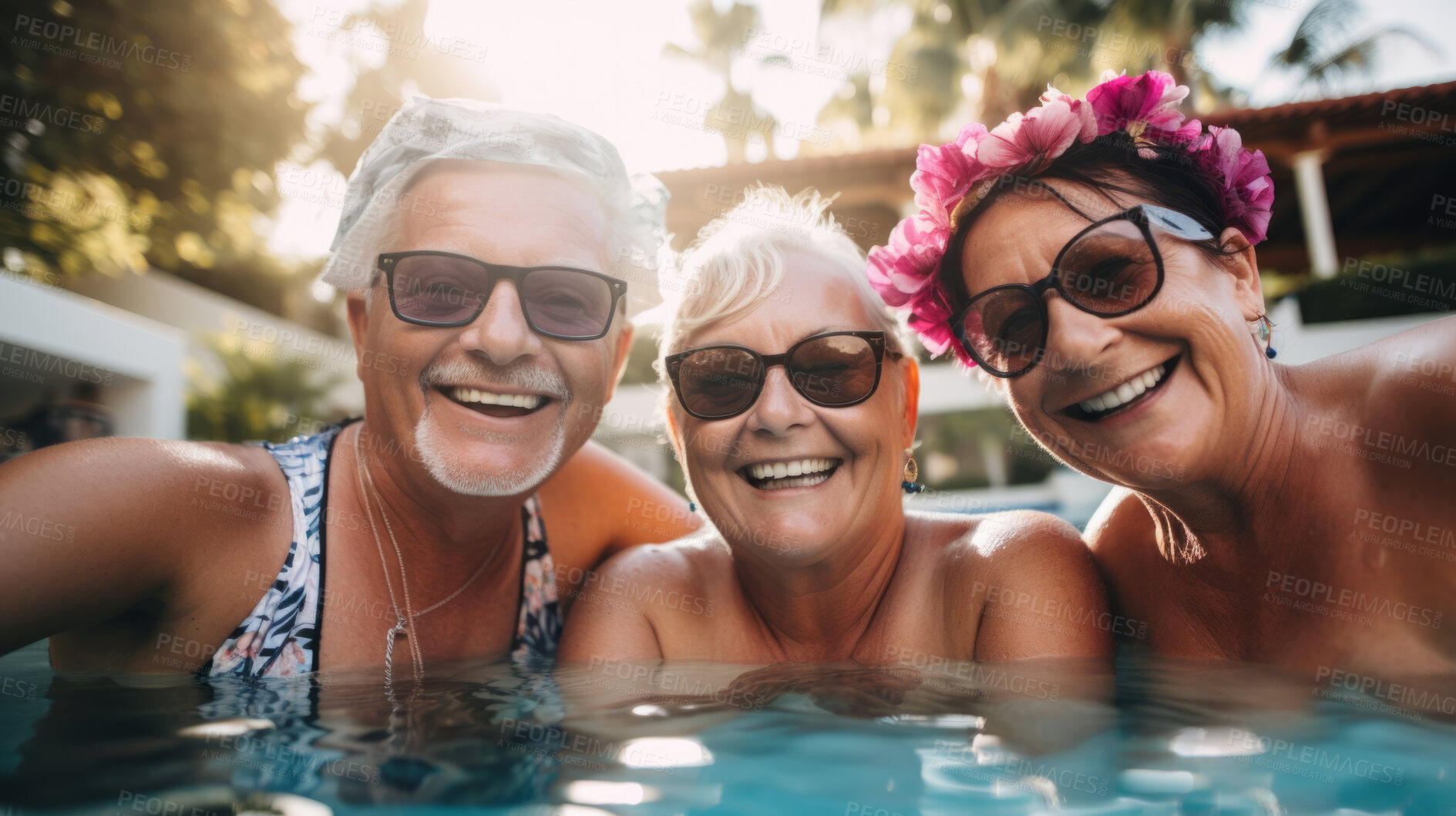 Buy stock photo Senior friends in swimming pool. Active holiday fun, fitness and longevity