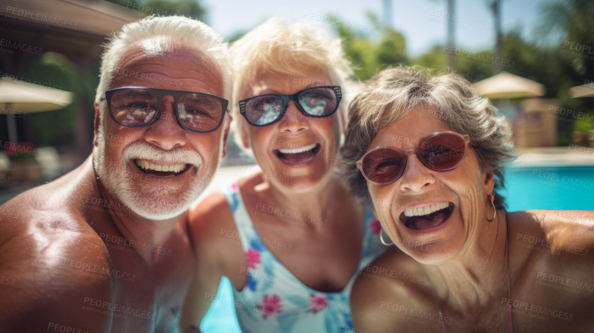 Buy stock photo Senior friends in swimming pool. Active holiday fun, fitness and longevity