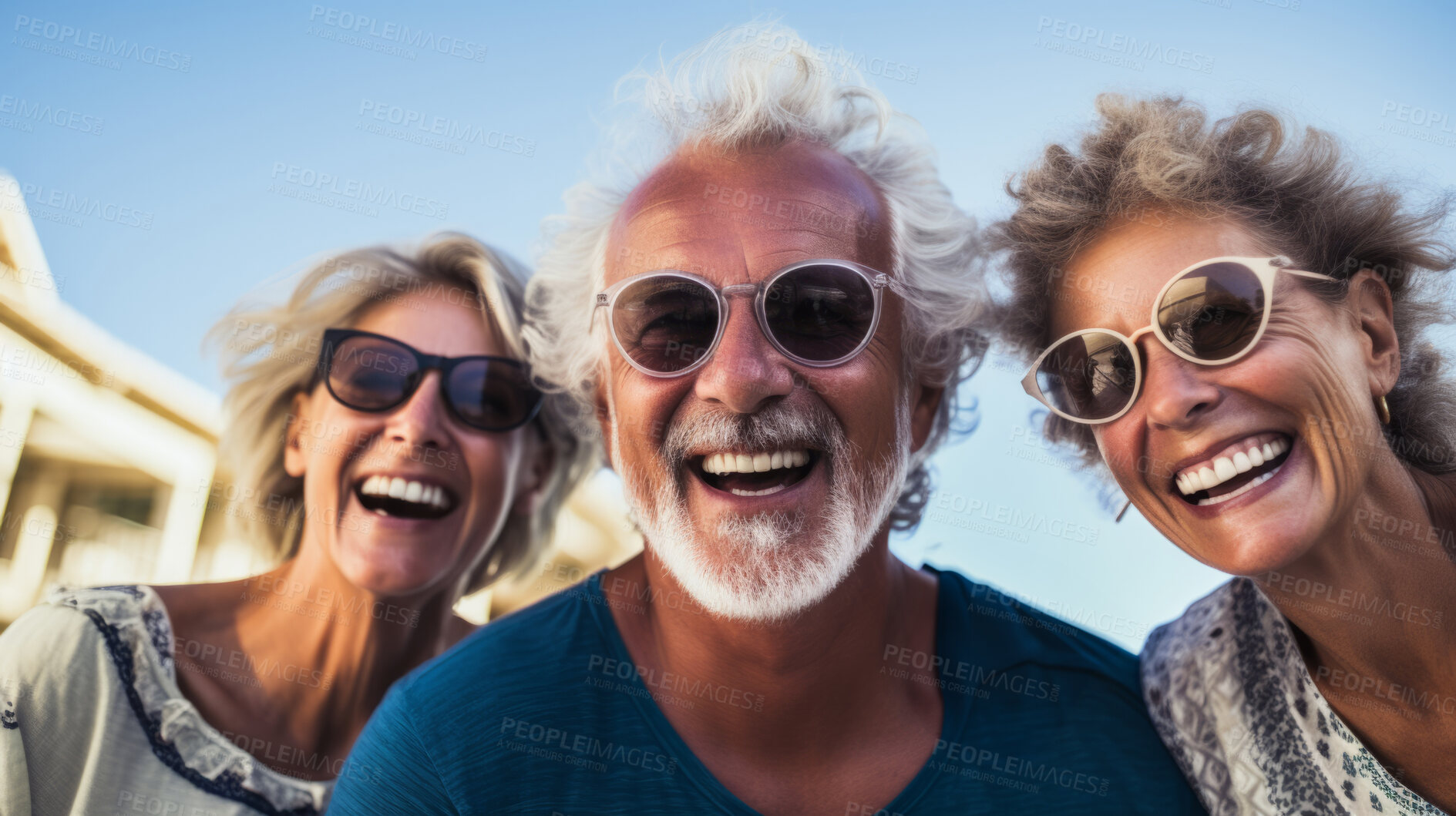 Buy stock photo Senior friends on active holiday. Travel fun, bonding and retirement