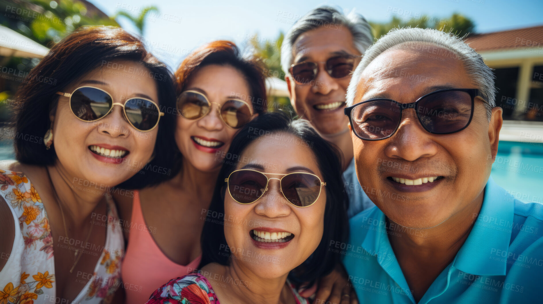 Buy stock photo Senior friends by hotel pool. Active holiday fun, fitness and longevity