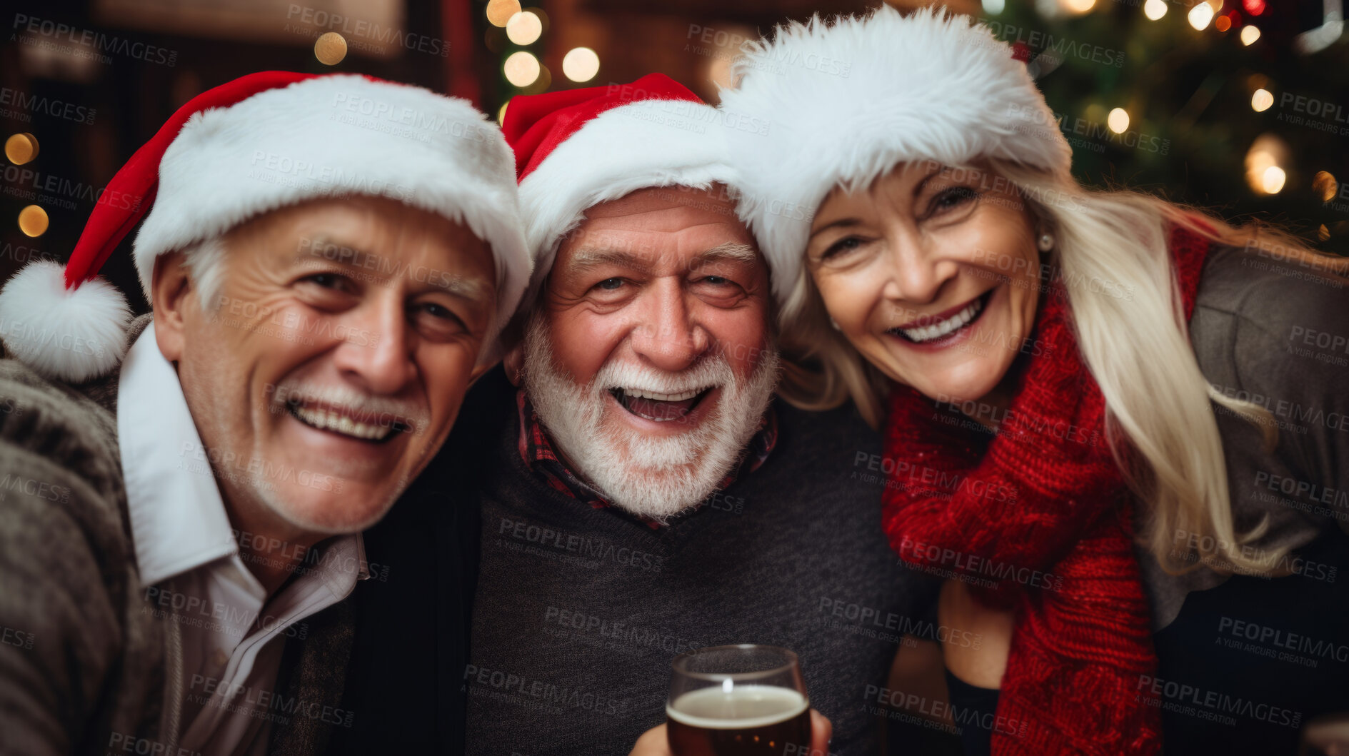 Buy stock photo Senior friends and family at Christmas party. Active holiday fun, bonding and retirement