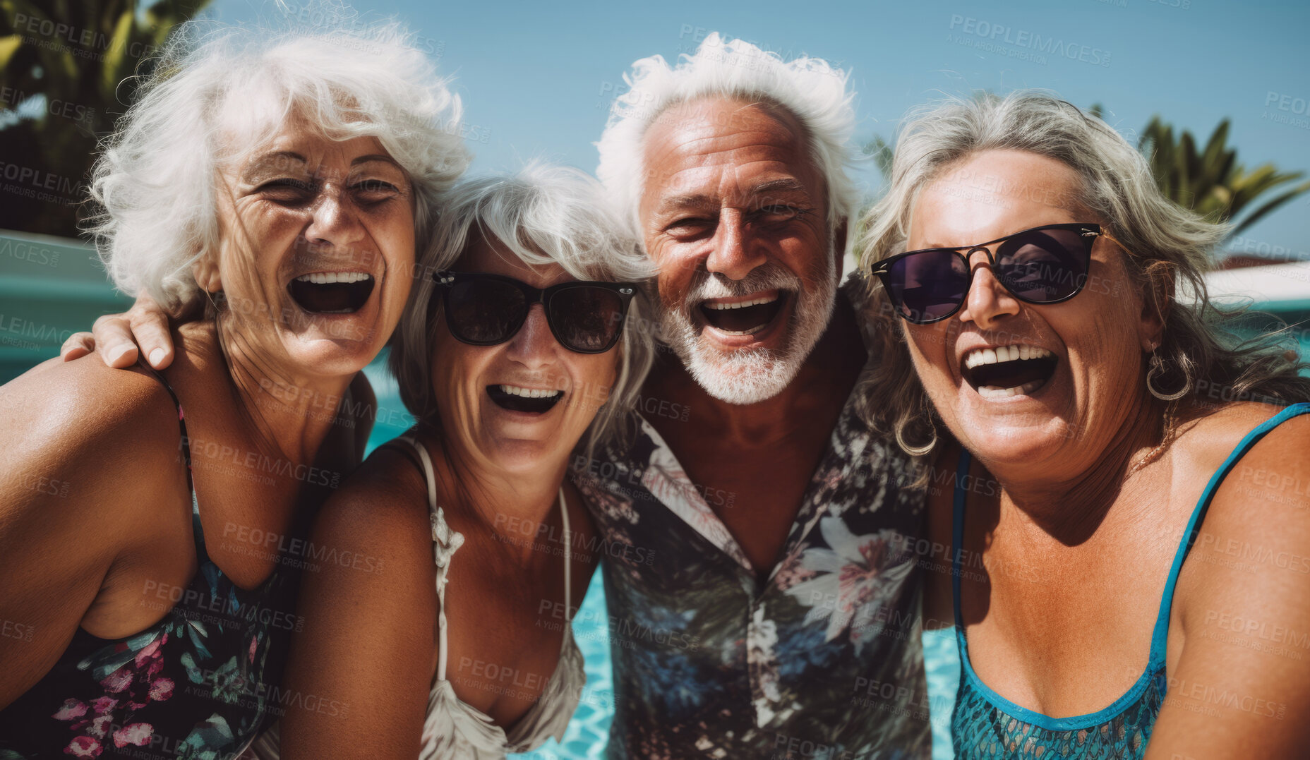 Buy stock photo Senior friends in swimming pool. Active holiday fun, fitness and longevity