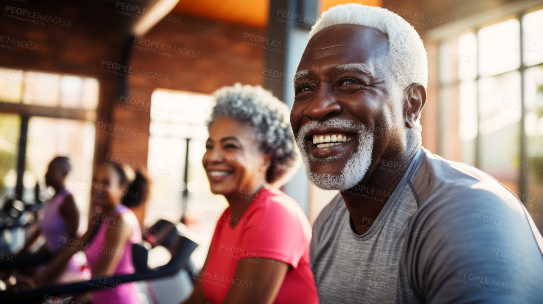 Buy stock photo Senior training workout with retirement community. Exercise and happy elderly friends