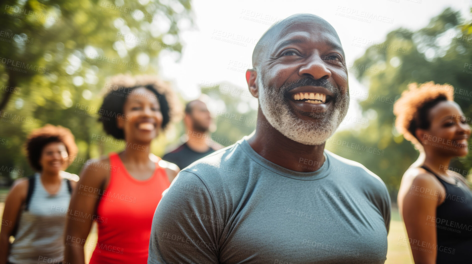 Buy stock photo Senior training workout with retirement community. Exercise and happy elderly friends