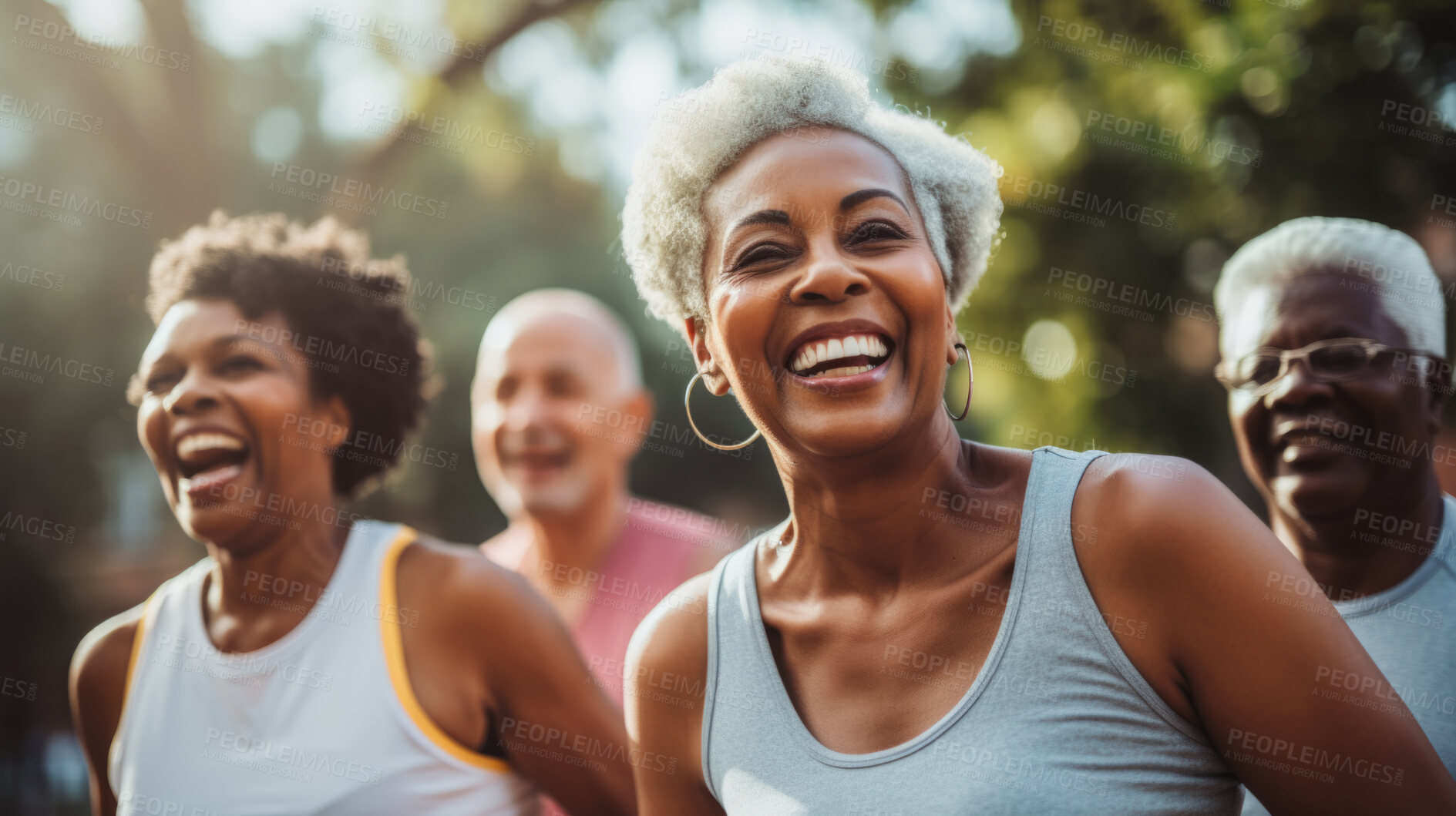 Buy stock photo Senior training workout with retirement community. Exercise and happy elderly friends