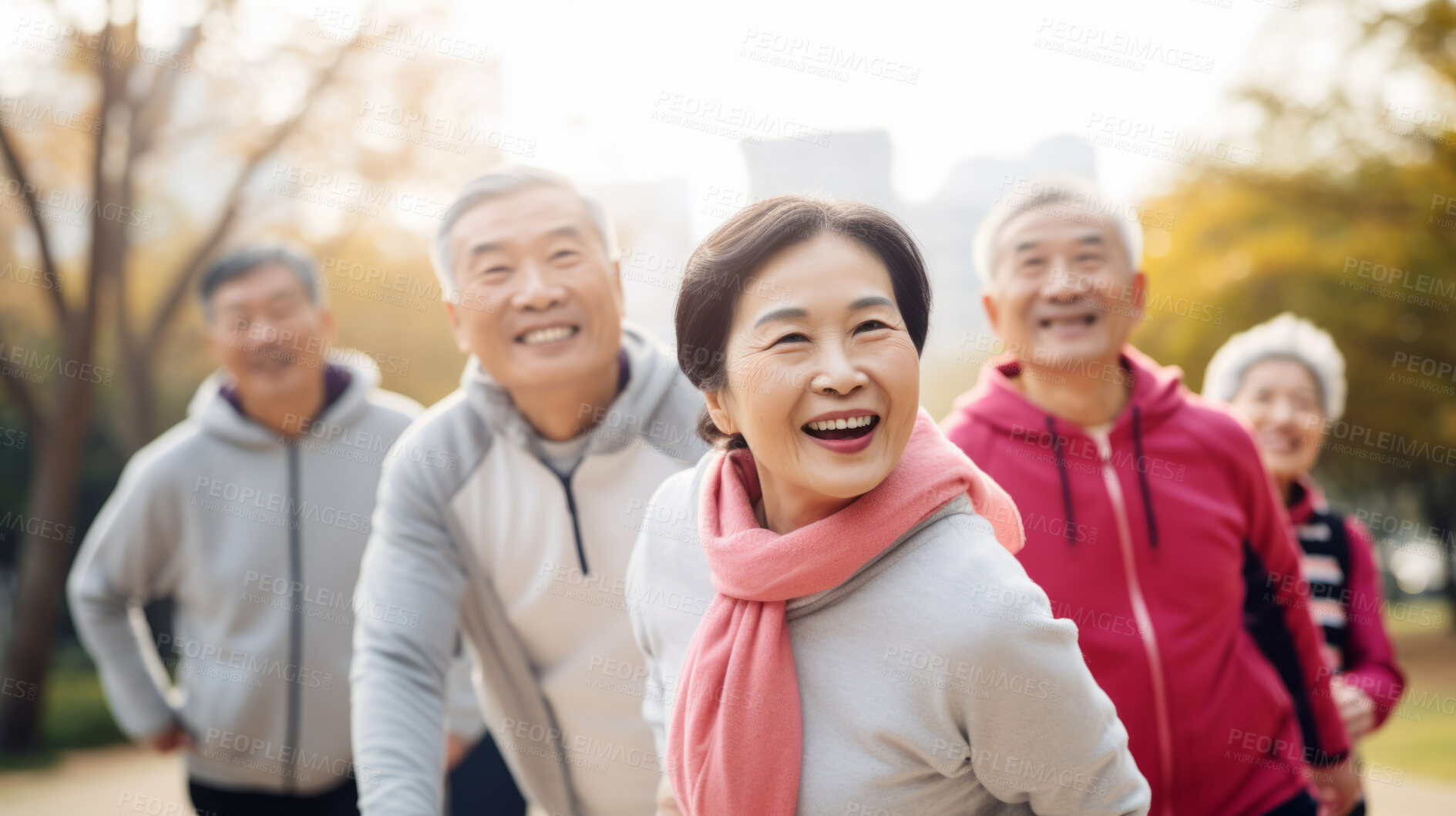 Buy stock photo Senior training workout with retirement community. Exercise and happy elderly friends