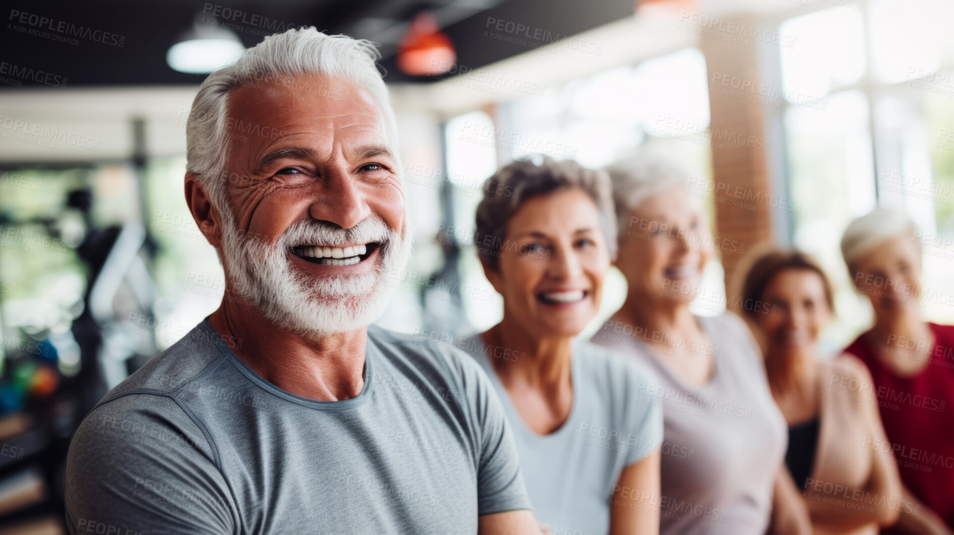 Buy stock photo Senior training workout with retirement community. Exercise and happy elderly friends