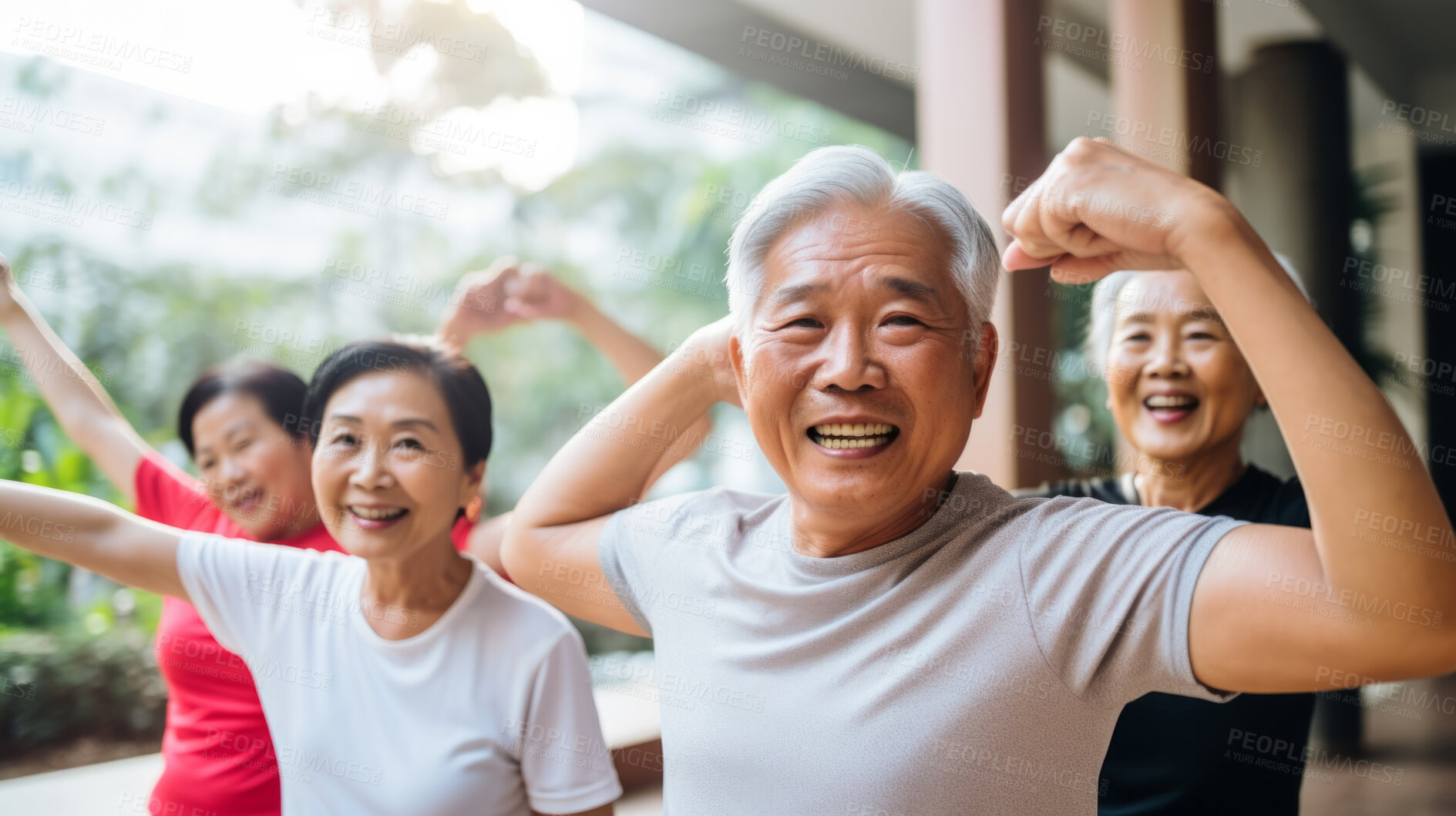 Buy stock photo Senior training workout with retirement community. Exercise and happy elderly friends