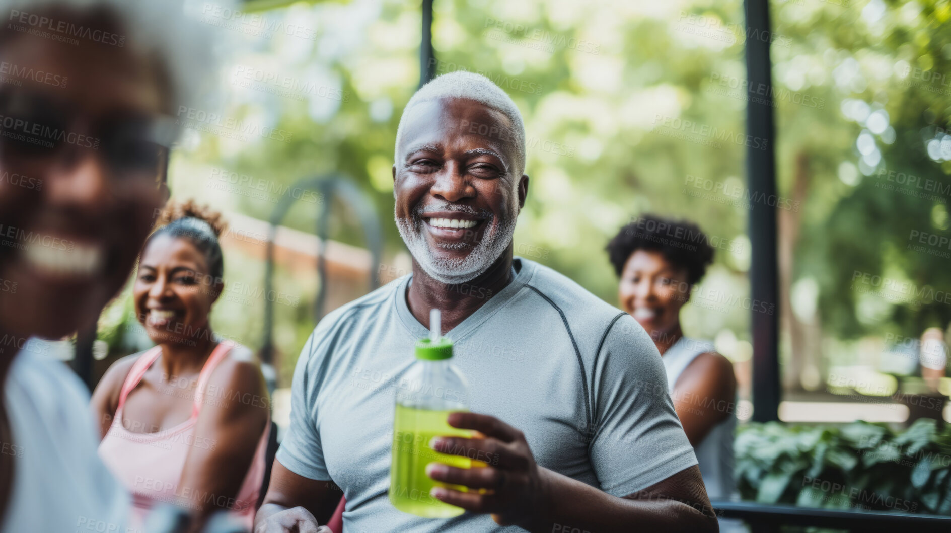 Buy stock photo Senior training workout with retirement community. Exercise and happy elderly friends