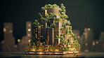 Architecture, sustainability and carbon footprint with buildings in city for environment.