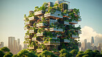 Architecture, sustainability and carbon footprint with buildings in city for environment.