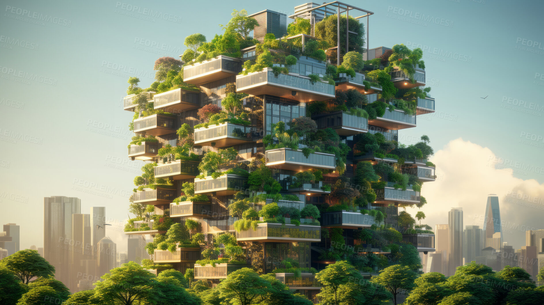 Buy stock photo Architecture, sustainability and carbon footprint with buildings in city for environment.