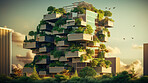 Architecture, sustainability and carbon footprint with buildings in city for environment.