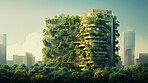 Architecture, sustainability and carbon footprint with buildings in city for environment.