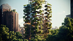 Architecture, sustainability and carbon footprint with buildings in city for environment.