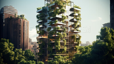 Architecture, sustainability and carbon footprint with buildings in city for environment.