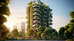 Architecture, sustainability and carbon footprint with buildings in city for environment.