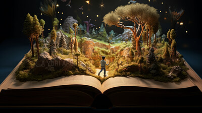 Education, fantasy and growth with book and forest on table for fairytale and imagination
