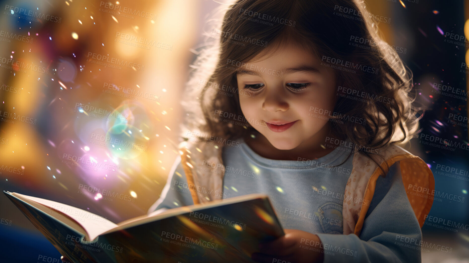 Buy stock photo Child reading a book. A little toddler girl holding a book and reading a fairytale story