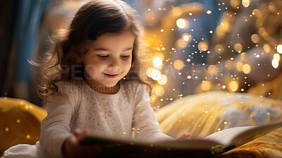 Buy stock photo Child reading a book. A little toddler girl holding a book and reading a fairytale story