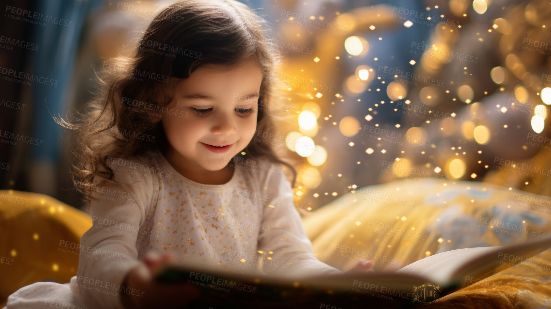 Buy stock photo Child reading a book. A little toddler girl holding a book and reading a fairytale story