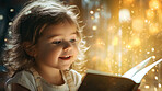 Child reading a book. A little toddler girl holding a book and reading a fairytale story