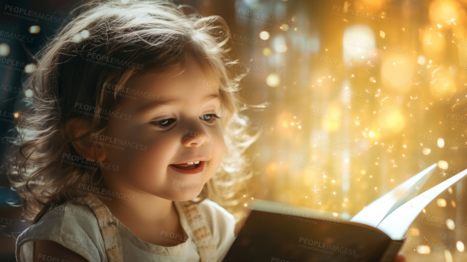 Buy stock photo Child reading a book. A little toddler girl holding a book and reading a fairytale story