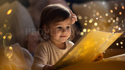 Buy stock photo Child reading a book. A little toddler girl holding a book and reading a fairytale story