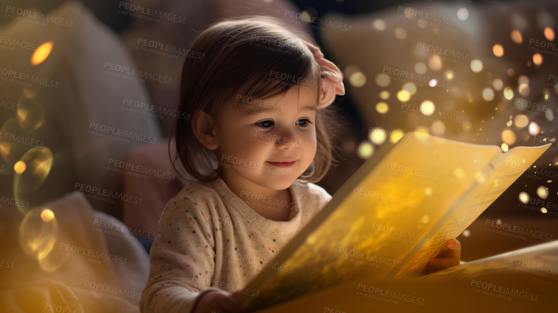 Buy stock photo Child reading a book. A little toddler girl holding a book and reading a fairytale story