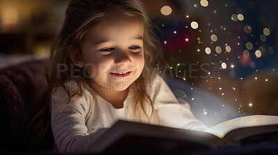 Buy stock photo Child reading a book. A little toddler girl holding a book and reading a fairytale story