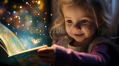 Buy stock photo Child reading a book. A little toddler girl holding a book and reading a fairytale story