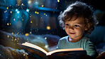 Child reading a book. A little toddler boy holding a book and reading a fairytale story