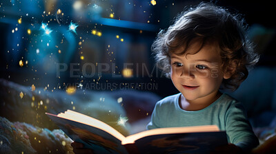 Buy stock photo Child reading a book. A little toddler boy holding a book and reading a fairytale story