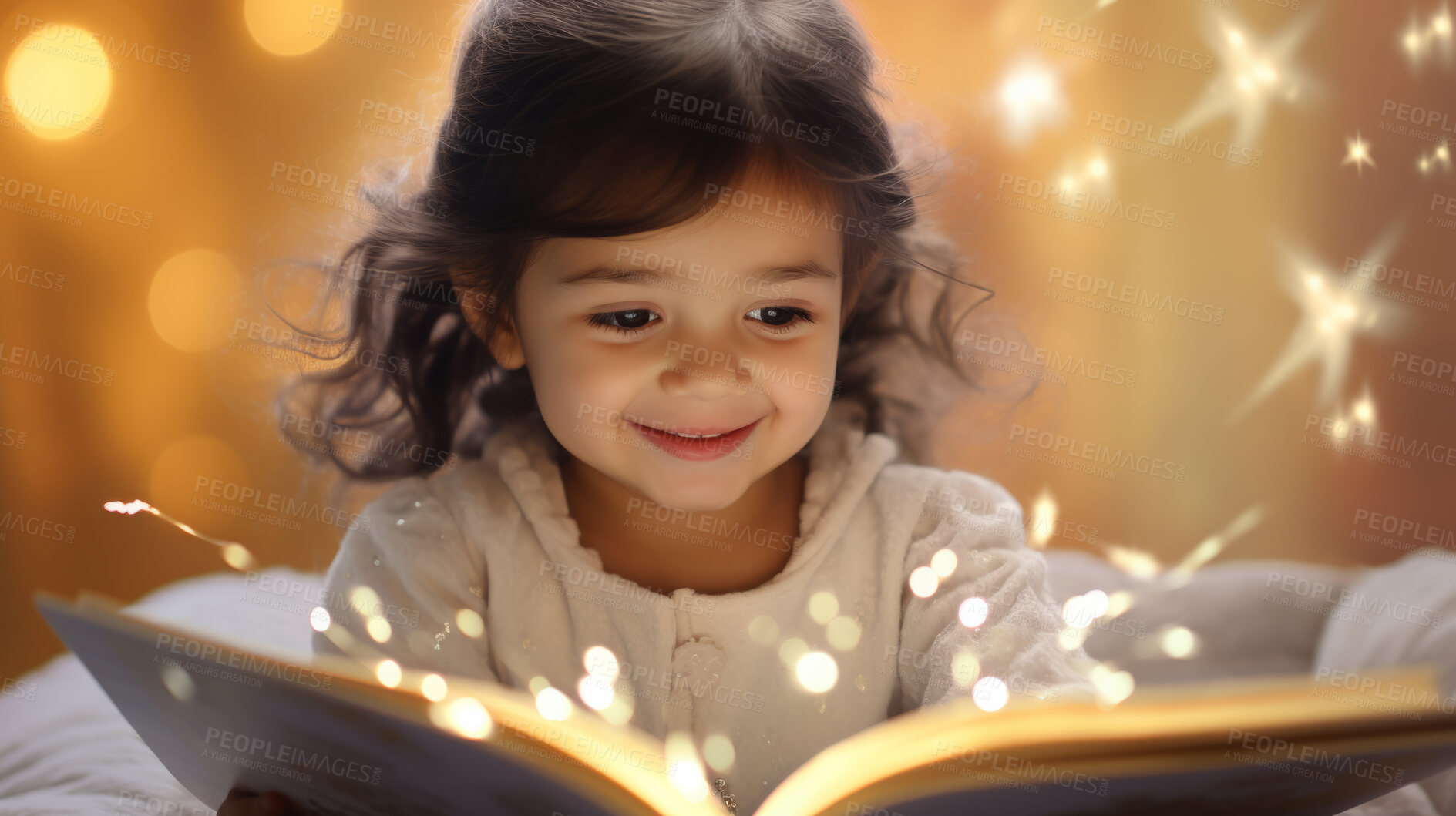 Buy stock photo Child reading a book. A little toddler girl holding a book and reading a fairytale story