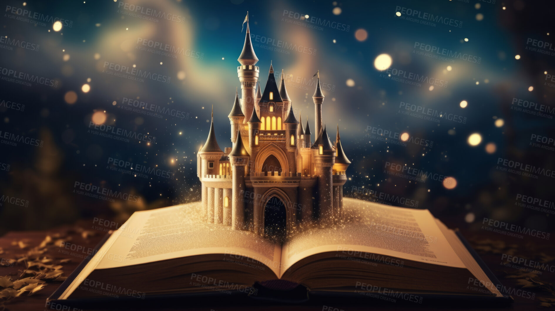 Buy stock photo Education, fantasy and growth with book and castle on table for fairytale and imagination