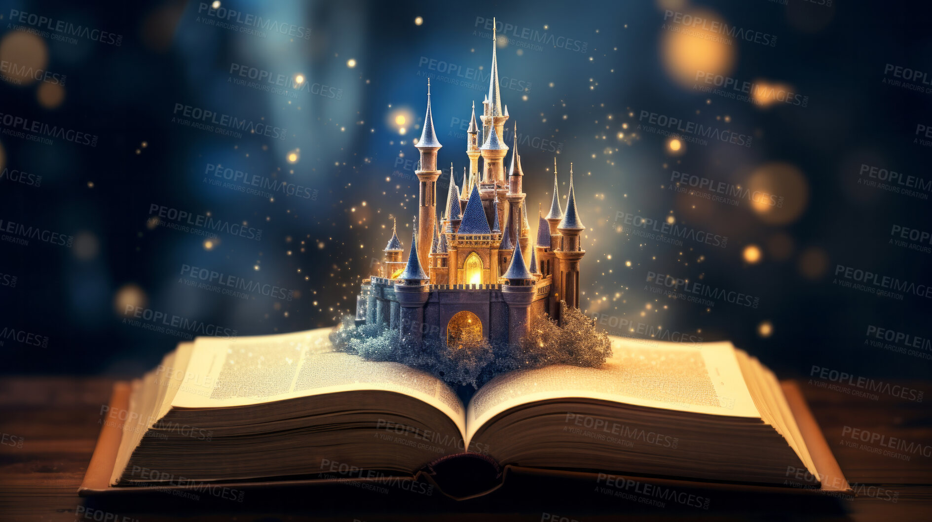 Buy stock photo Education, fantasy and growth with book and castle on table for fairytale and imagination