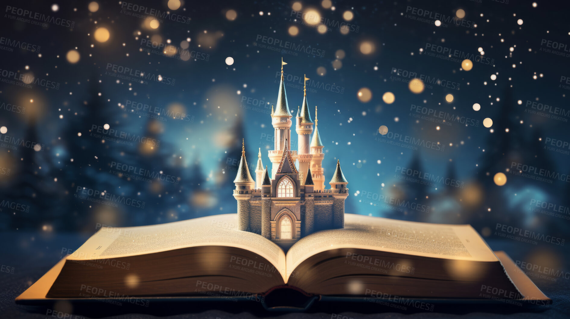 Buy stock photo Education, fantasy and growth with book and castle on table for fairytale and imagination