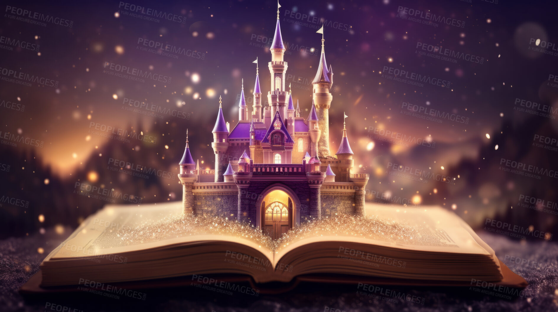 Buy stock photo Education, fantasy and growth with book and castle on table for fairytale and imagination