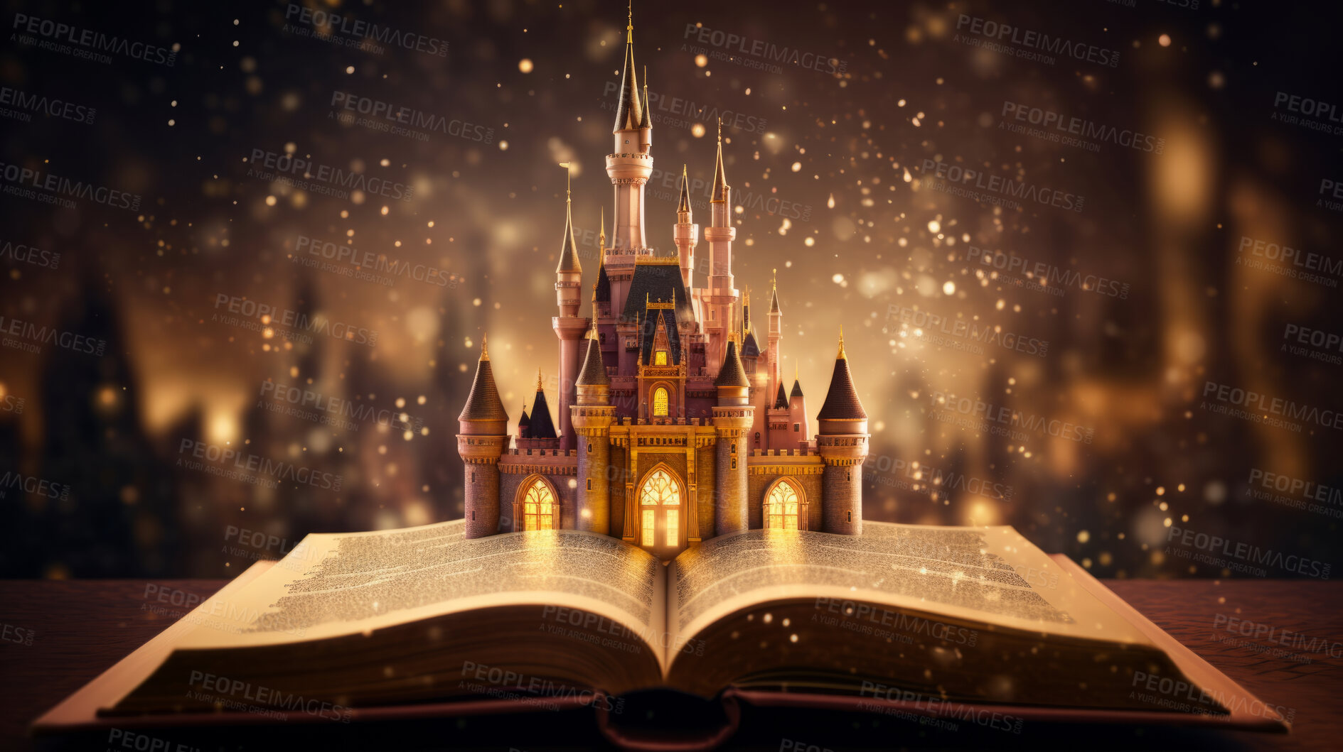 Buy stock photo Education, fantasy and growth with book and castle on table for fairytale and imagination