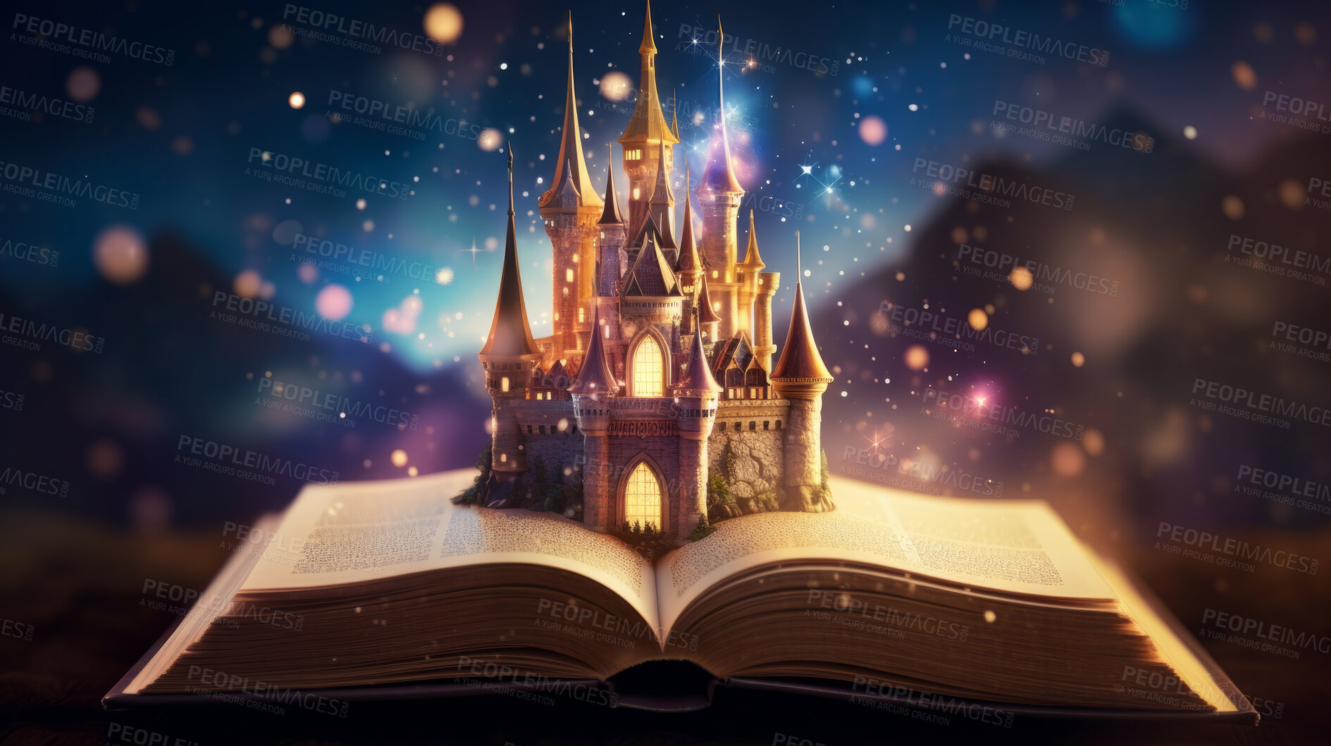 Buy stock photo Education, fantasy and growth with book and castle on table for fairytale and imagination