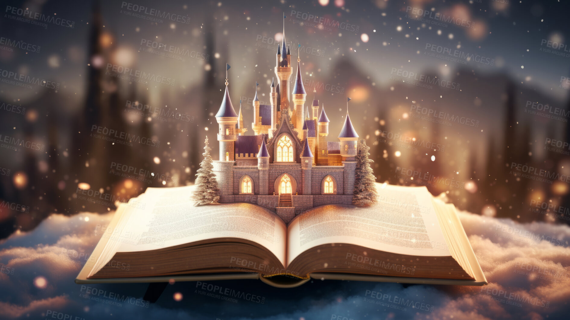 Buy stock photo Education, fantasy and growth with book and castle on table for fairytale and imagination