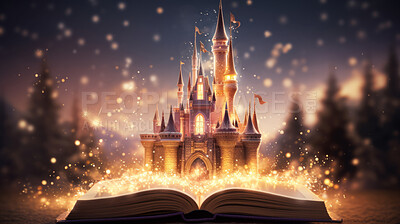 Education, fantasy and growth with book and castle on table for fairytale and imagination