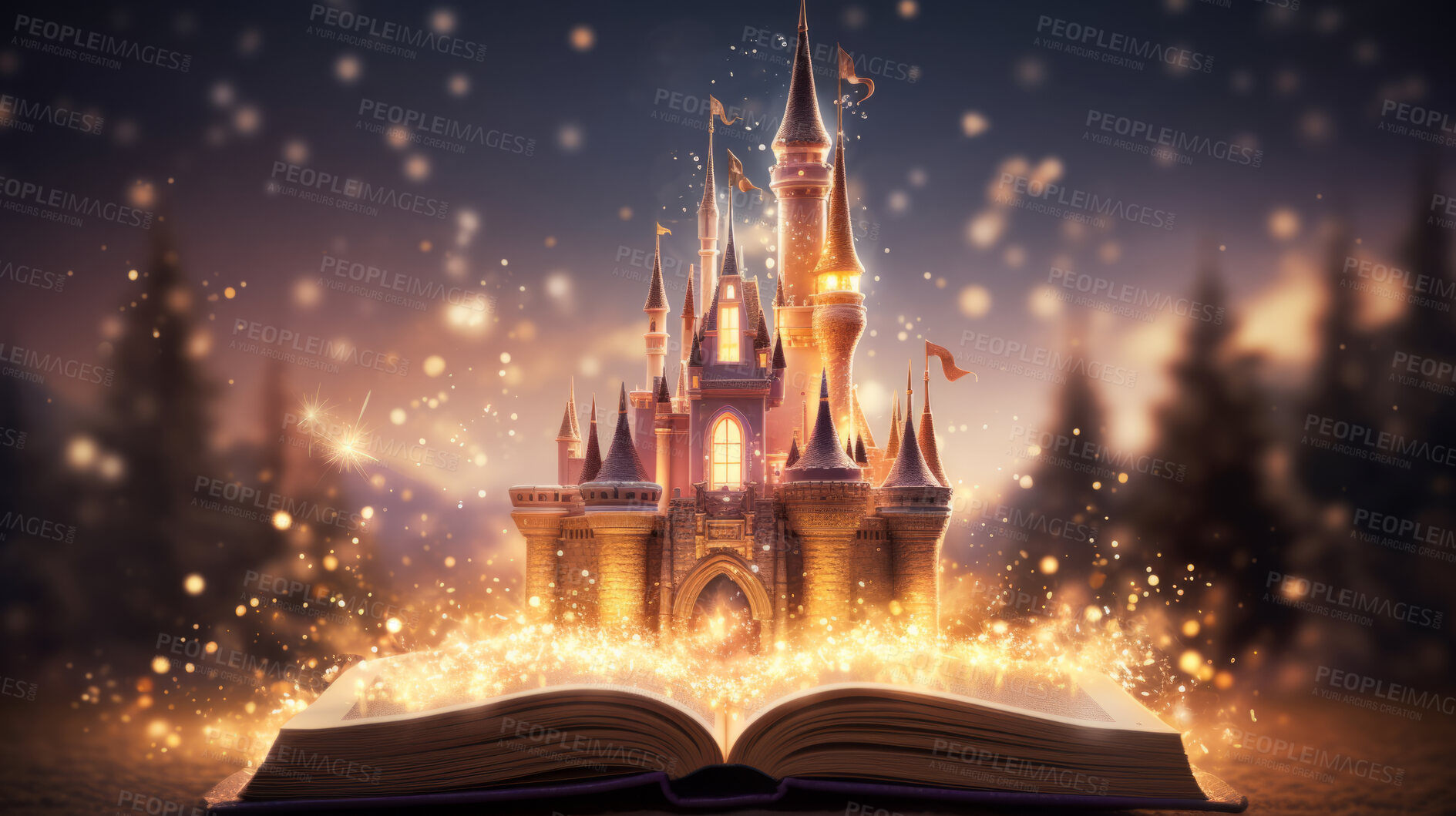 Buy stock photo Education, fantasy and growth with book and castle on table for fairytale and imagination