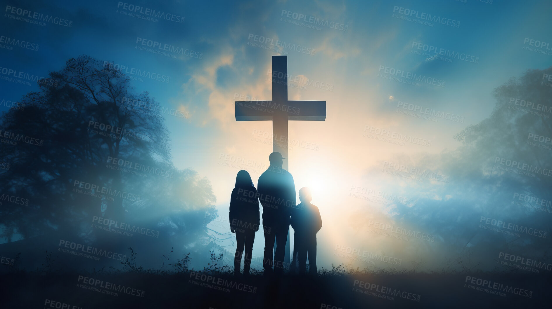 Buy stock photo Silhouette, family and Christian cross for praying, religion and funeral social gathering