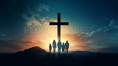 Silhouette, family and Christian cross for praying, religion and funeral social gathering