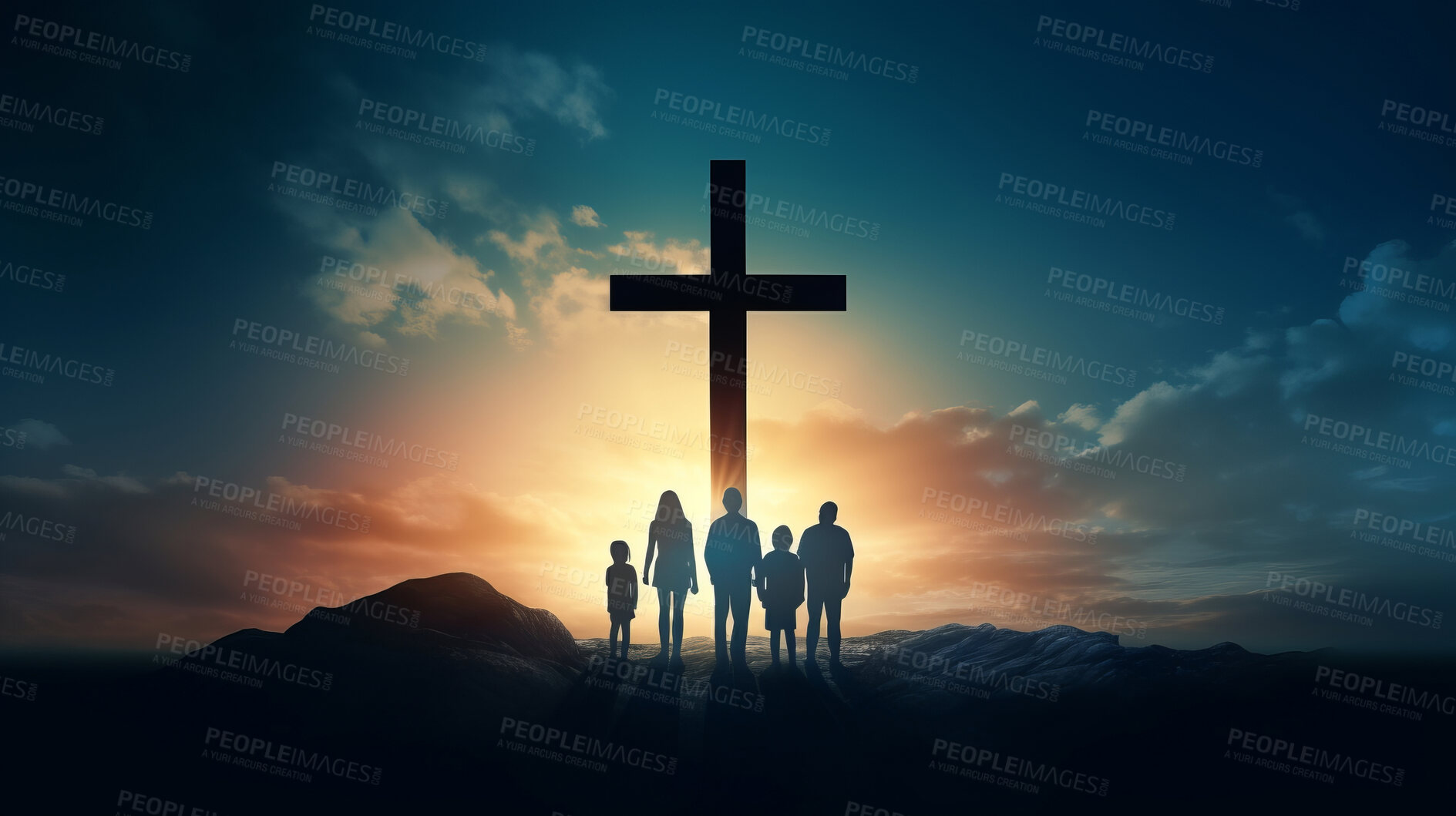 Buy stock photo Silhouette, family and Christian cross for praying, religion and funeral social gathering