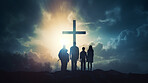 Silhouette, family and Christian cross for praying, religion and funeral social gathering