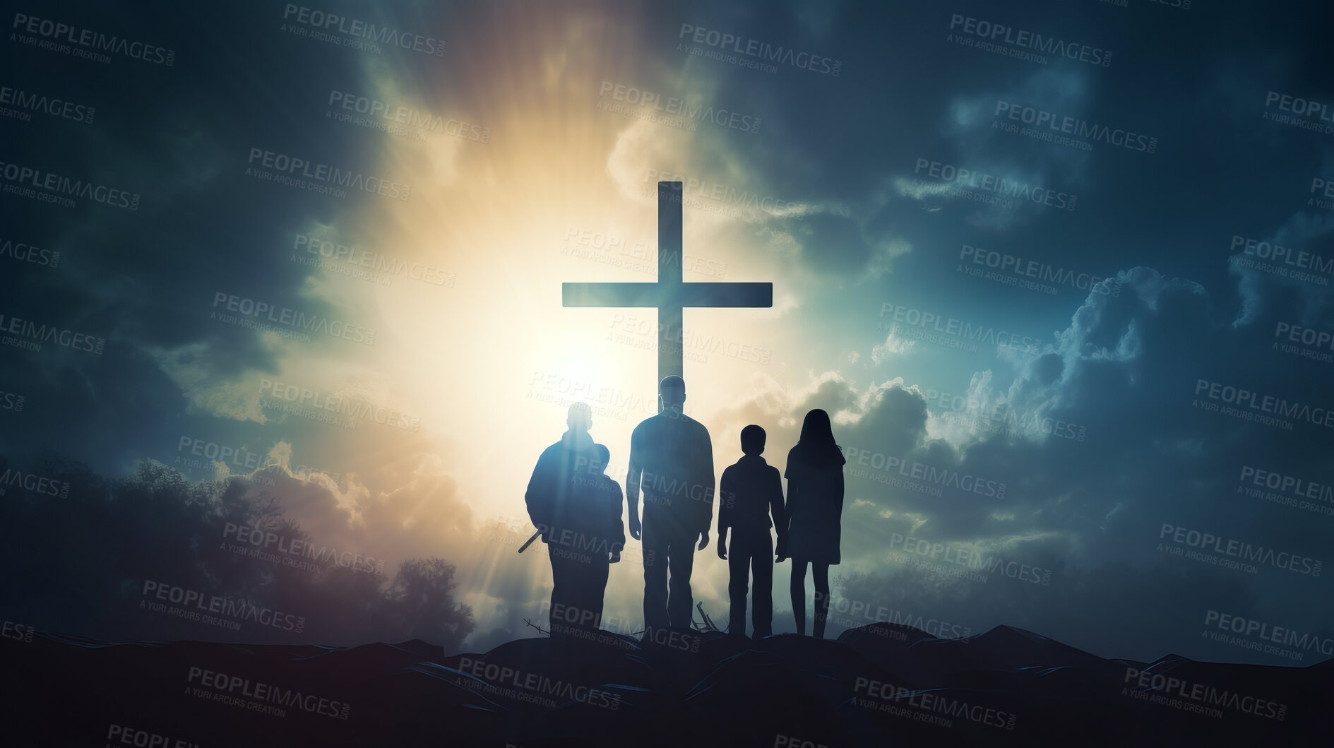 Buy stock photo Silhouette, family and Christian cross for praying, religion and funeral social gathering